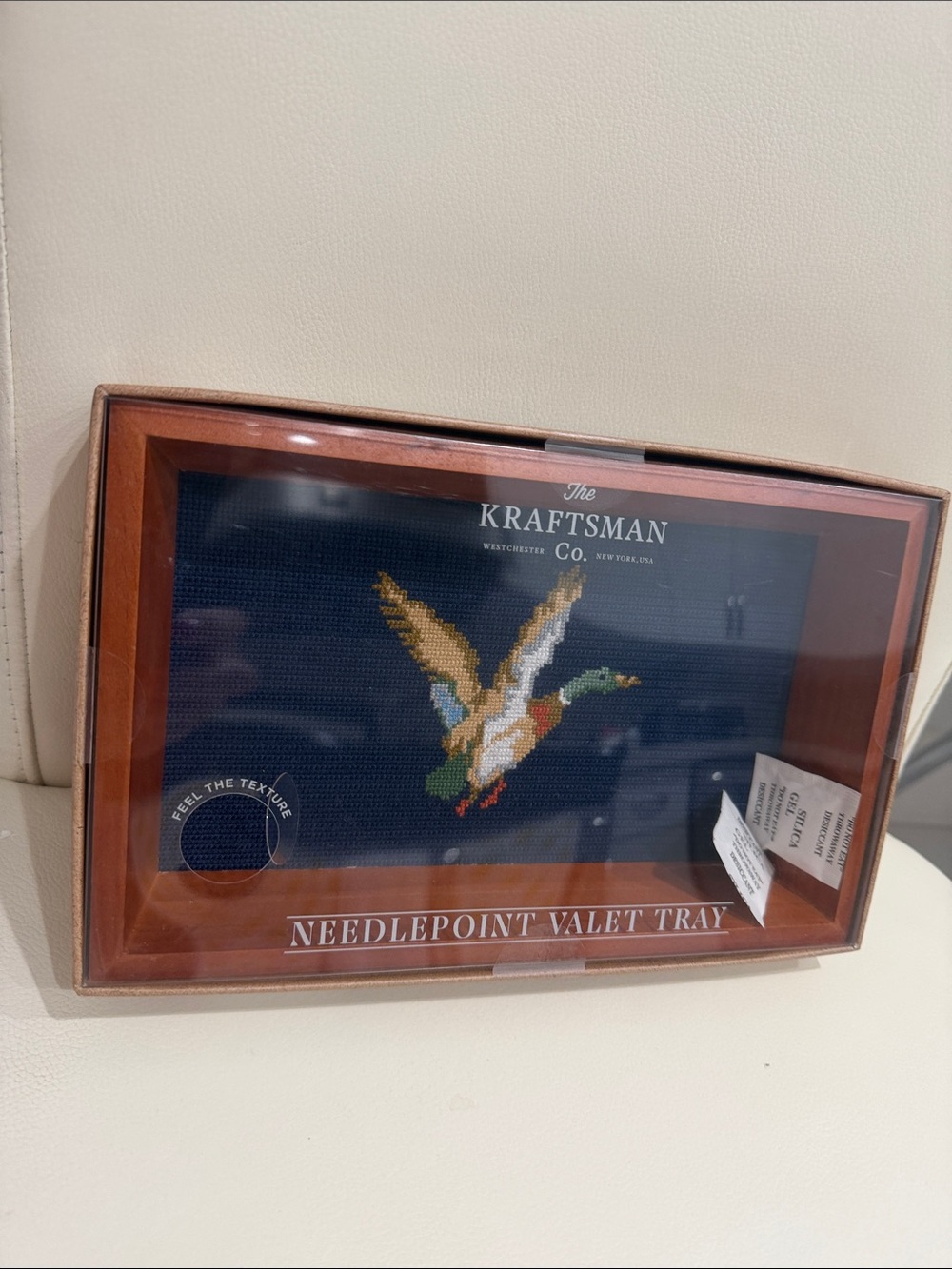 The Kraftsman & Co. Navy Needlepoint "Flying Duck"Valet Tray Brown Wood Frame